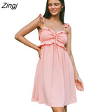 Blue Short Tie Frill A-Shape Mini Dress For Woman Sexy Spaghetti Straps Beach Holiday Dress 2023 Summer Sundress