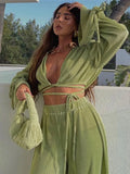 Sexy Green Pants Set Women Casual Loose Bandage Blouses Shirt Matching Wide Leg Trousers Suit Elegant 2 Piece Pant