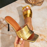 Women's High-Heeled Sandals Fashion Square Head Gold High Heel Women's Shoes Fine High Heel Sandals One Foot Pedal Simple Go Out Women's