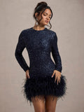Women's Dress Sexy Dress Long Sleeve Solid Color Sequin Feather Dress Round Collar Woman