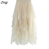 Tulle Skirt Women Elastic High Waist Mesh Midi Skirt Plus Size Elegant Design Pleated Tutu Skirt Female Jupe
