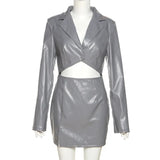 Zingj Winter New Women's Fashion Long Sleeve Crop Cord Slim Temperament Package Hip PU Dress