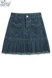Waist Y2k Pleated Denim Skirt Women Casual Love Graphic Pocket Blue Washed Mini Skirt Summer 2023 Streetwear E-girl