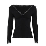 Deep V-Neck Lace Lace Design Feel Waist T-Shirt 2025 Autumn New Repair With Long-Sleeved Women's Clothing