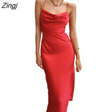 Women Summer Tie-up Sleeveless Backless Dress Fashion Solid Color Satin Cross Strap Long Dress