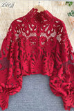 Lace Hollow Out Short Blouse Casual Lantern Long Sleeve Stand Collar Shirts Female Elegant Red/Pink/White Loose Tops