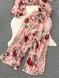 Women Floral Printed Two Piece Set Sexy Square Collar Lantern Sleeve Short Tops + Wide Leg Pants Suit Vacation Beach