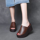 Time 99] Head-Level Cow Skin Retro Slope Hedley Sandals Women In Summer Wearing Loose Cake Thick Bottom Fish Mouth Half