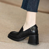 Women's 2025 Spring And Autumn Retro Large Belt Buckle Deep Thick-Sed Thick Heel Round Head Tight With High