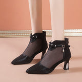 New Korean Version Of Fashion Tip Zipper High-Heeled Women's Sandals Large Size Water Drill Breathable Mesh Yarn Cool