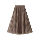 Industry Nail Pearl Dress Women's Half-Dress Dress 2025 Spring And Autumn Mid-Autumn Long Dress Net Yarn Dress 100Folded Dress