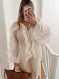 High-End Design Pure Color Temperament Chiffon Lotus Side Zipper Top With Comfortable Loose Long-Sleeved