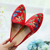 Zingj Two Birds, Embroidered Ink Painting, Bright Silk Cloth, Pointed Women's Single Shoes, Casual Walking