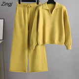 Knitted 2 Pieces Set Women Loose Oversize Tracksuits Turn-down Collar Sweater Pullover +High Waist Wide Leg Pants