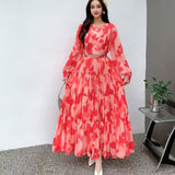 Temperament Dress Women 2025 Summer New High-End Feeling Waist Round Lantern Sleeve Print