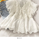 Women Sweet Floral Hollow Out Design Chic Popular Summer All-match Girls Blusas Top Lovely Vintage Basic Womens