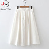 Women Summer White Cotton Skirt Saia Casual Solid High Waist A-Line Elegant Chic Office Ladies Midi Skirts Faldas