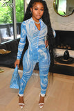 Y2K Aesthetic Print Jumpsuit for Women Fashion Zipper Long Sleeves Skinny Slim Casual High Streetwear Female Rompers