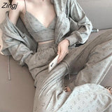 Print Sweatshirt Tracksuit Women 3 Piece Set Harajuku Hooded Jackets+High Waist Wide Leg Pants+Sexy V-neck Crop Tank