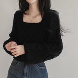 Solid Color Lantern Sleeve Square Collar SweaterOutfit