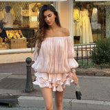 French Style Shoulder Necromanid Cake Dress Chic Design Lantern Sleeve Pure Temperament