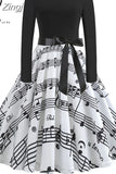 Note Print Elegant Party Dress Women 50s 60s Retro Vintage Robe Rockabilly Casual Winter