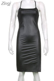 PU Leather Black Party Sexy Dresses For Women 2023 Halter Backless Bandage Bodycon Dress Ladies Club Slit Midi