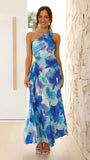 Women's New Printed Dress Fashion Sexy Slanted Shoulder Folded Empty Dress
