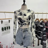 Real Shooting Front Double-Layer Tie-Dye Printing Mesh Long-Sleeved Top Short High-Waisted T-Shirt T-Shirt