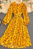 Women Red/Yellow/Green Printed Midi Dress Vintage V-Neck Flare Long Sleeve High Waist A-Line Vacation Bandage Vestido