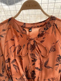 Red/Brown/White Printed Pleated Chiffon Dress Autumn Elegant V-Neck Flare Long Sleeve High Waist Draped Midi Vestido
