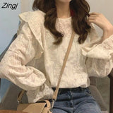 Women Blouse Elegant Romantic Embroidery Spring Tender Long Sleeve White All-match Pure Top Office Street Leisure Comfort