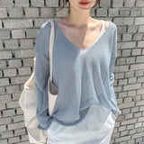 2023 Spring Summer Autumn Thin Sexy Women Tops Blouse V-neck Pullover Tops Solid Korean Loose Sunscreen New Lady