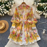 Style Dress Women High-End Elegant Collar Lantern Sleeve Single Buckle Waist Print Chiffon Long