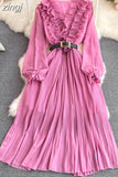 Vintage Women Pleated Long Dress Red/Purple/Yellow V-Neck Ruffle Puff Sleeve Draped A-Line Vestidos Female New
