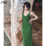 Backless Knitted Strap Dresses Women Korean V-neck Party Long Split Dress Female Casual One Piece Dress Office Lady
