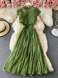 Purple/Green/Red Lace Midi Dress Women Sweet Round Neck Ruffle Vestidos Female High Waist Slim Robe Spring Autumn