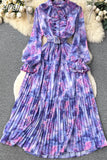 Autumn Bohemian Tie Dye Pleated Long Dress Women Elegant Stand Collar Ruffle Single Breasted Lantern Sleeve Draped