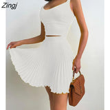Summer Holiday Square Neck Solid Sexy Corset Crop Top & A Line Pleated Skirt Sets Two Pieces Suits Dresses Women's