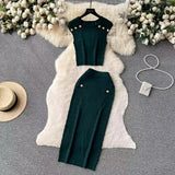 New Sleeveless Nails Clad High-Waist Temperament Famous Half-Dress Knitted Set Two