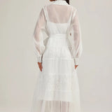 2025 New French Court Style Single Buckle Heavy Industry Splicing Lace Long-Sleeved Dress With