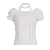 Pure Desire Girl Age Reduction Irregular Lace Splicing Short-Sleeved T-Shirt Design Bubble Sleeve Repair