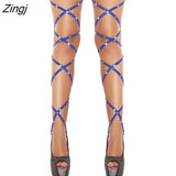 Women Girls Solid Sexy Lingerie Bandage Fishnet Stockings Thigh-High Rhinestone Leg