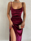 Spring 2023 Sexy Straps Slit Velvet Midi Dress for Women Sleeveless Backless Club Night Party Draped Dresses
