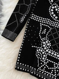 Autumn Women Gold/Silver Rivet Bodycon Party Dress Vintage Stand Collar Long Sleeve Sheath Slim Black Vestidos