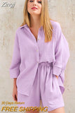 Women's 2 Piece Casual Outfits Loungewear Set Loose Comfy Long Sleeve Button Down Shirt + Elastic Waist Mini Shorts