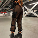 Mesh See-through Hight Waist Cargo Pants Patchwork Sweatpants Black Fashion Summe New Loose Trousers Women