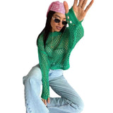 Spring And Summer New Knitted Shirt Horn Sleeve Loose Round Collar Hollow Sweater