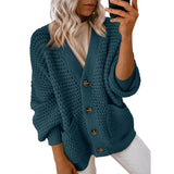 And Winter New Single-Dbutton V-Neck Sweater Women Loose Lantern Sleeve