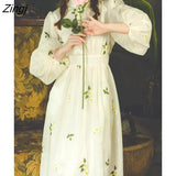 Vintage Floral Dress Women Elegant Korean Casual Party Midi Dress Lady 2022 Autumn Court Retro Lantern Sleeve Fairy